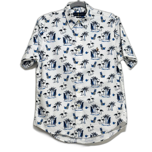 Ralph Lauren Flamingo Hawaiian Button Down Shirt Men's Sz S White Blue S/S - Picture 1 of 6